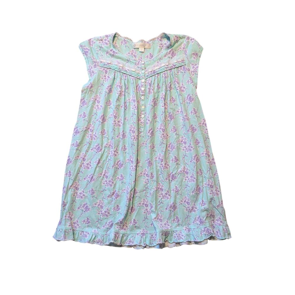 Eileen West Women Small Nightgown Mint Green Floral Lace Trim Short Sleeve, PJ's